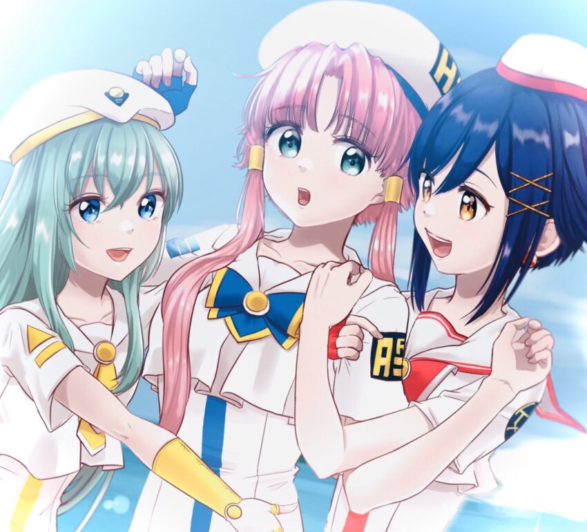 3girls :d aika_granzchesta alice_carroll aogirism aqua_eyes aria_(manga) beret blue_bow blue_bowtie blue_eyes blue_sky bow bowtie brown_eyes collarbone commentary_request crossed_bangs day dress dutch_angle gold_trim hair_ornament hands_up hat hug long_hair looking_at_another mizunashi_akari multiple_girls ocean open_mouth outdoors parted_bangs pink_hair print_dress red_bow red_bowtie red_headwear sailor_collar short_hair_with_long_locks short_sleeves sidelocks sky smile teeth two-tone_headwear upper_body upper_teeth_only white_dress white_headwear x_hair_ornament