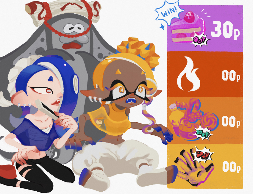 1boy 2girls bare_shoulders big_man_(splatoon) black_leggings blonde_hair blue_hair blue_shawl blue_tongue breasts bright_pupils cephalopod_eyes chest_sarashi cleavage collarbone colored_extremities colored_eyelashes colored_tongue commentary_request crop_top dark-skinned_female dark_skin earrings fangs fingernails folded_fan folding_fan frye_(deep_cut_outfit)_(splatoon) frye_(splatoon) full_body hair_over_one_eye hand_fan harem_pants highres holding holding_fan horizontal_pupils inkling invisible_chair jewelry ka1_(k4k37) leggings long_eyelashes long_pointy_ears medium_hair midriff multicolored_hair multiple_earrings multiple_girls navel nintendo no_shoes octoling one_eye_covered open_mouth pants pointy_ears puffy_pants purple_hair red_eyes sarashi see-through_clothes see-through_shawl sharp_fingernails shawl shirt shiver_(deep_cut_outfit)_(splatoon) shiver_(splatoon) sitting sleeveless sleeveless_turtleneck small_breasts socks splatoon_(series) splatoon_3 surprised tentacle_hair toeless_legwear tooth_earrings torn_clothes torn_leggings turtleneck two-tone_hair white_pants white_pupils white_socks yellow_shawl yellow_shirt