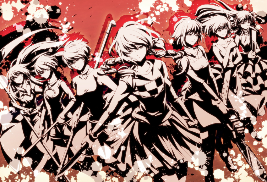 .flow 6+girls axe aya_(hallucigenia) baseball_bat blood blood_splatter braid chainsaw chie_(lcddem) cleaver collarbone crossover dress hair_ornament hallucigenia_(game) hashitsuki_nata hatchet holding holding_lead_pipe knife lcddem lead_pipe long_hair looking_at_viewer madotsuki monochrome multiple_crossover multiple_girls nail_(hardware) nail_bat nata_(tool) olmatown ponytail sabitsuki scythe shadow short_hair sick_mind sidelocks skirt trait_connection twin_braids urotsuki usotsuki weapon white_hair yamitsuki yamitsuki_(sick_mind) yume_2kki yume_nikki yume_nisshi