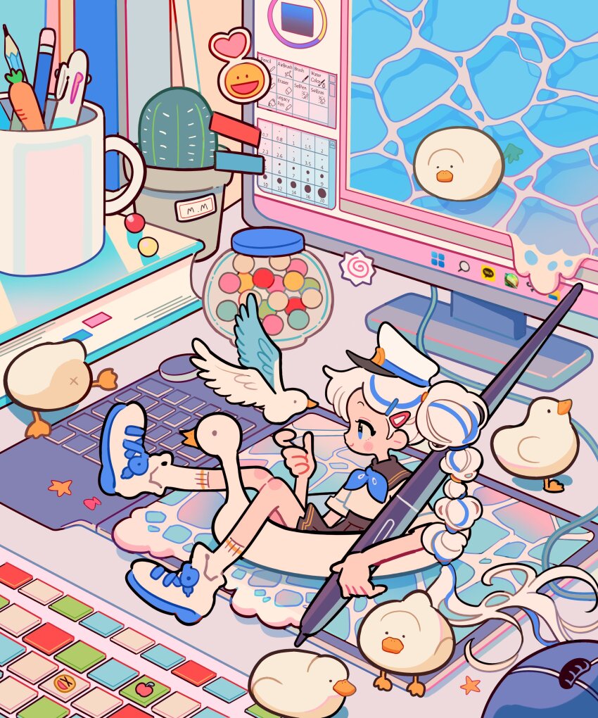 abstract absurdres bird blue_footwear blue_hair blue_neckerchief book cactus candy_jar colored_shoe_soles cup dolman_(dm) drawing_tablet duck hair_spread_out hat highres holding holding_stylus huion indoors inflatable_duck jar computer_keyboard knees_together_feet_apart knees_up long_hair mini_person minigirl monitor computer_mouse mug multi-tied_hair multicolored_hair neckerchief original painttool_sai peaked_cap pen pencil shoelaces sitting socks sticker streaked_hair stylus tube_socks two-tone_footwear water white_footwear white_hair white_hat white_socks