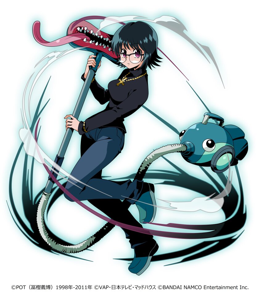 1girl absurdres bandai_namco black_hair black_sweater blue_pants blue_shoes breasts closed_mouth copyright_logo cross cross_necklace denim glasses gold_necklace highres holding holding_vacuum_cleaner holding_weapon hunter_x_hunter jewelry knit_sweater large_breasts logo long_sleeves looking_at_viewer madhouse necklace official_art pants purple_eyes shizuku_murasaki shoes short_hair simple_background solo standing standing_on_one_leg sweater vacuum_cleaner weapon white_background