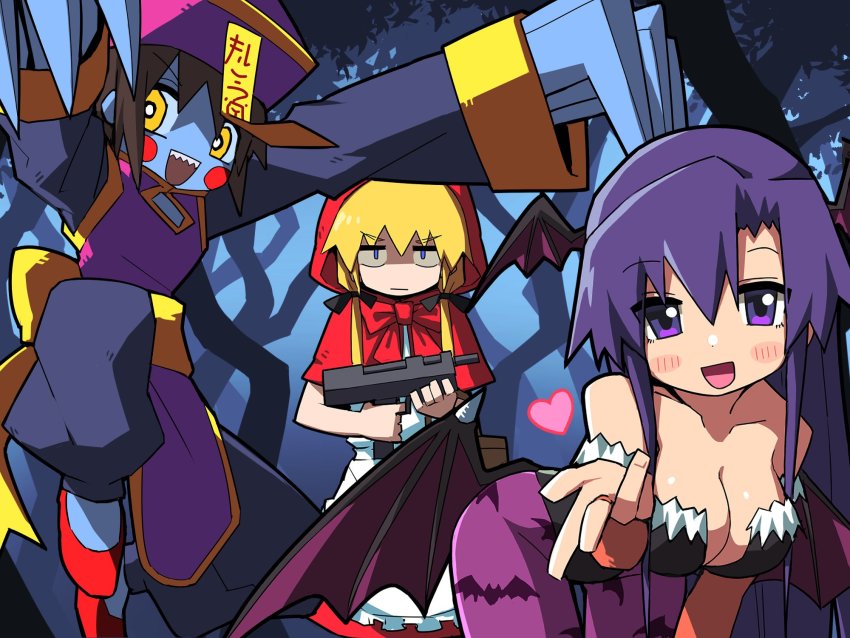 3girls :d animal_print apron arm_up back_bow bat_print black_leotard black_wings blonde_hair blowing_kiss blue_pants blue_skin blush_stickers bow breasts b.b._hood capelet chinese_clothes claws cleavage closed_mouth colored_skin cosplay darkstalkers demon_wings dress flats frown fur-trimmed_leotard fur_trim glaring goshiki_agiri halloween halloween_costume hat head_wings heart highres hood hood_up hooded_capelet hsien-ko_(cosplay) jiangshi_costume kill_me_baby leaning_forward leg_up hsien-ko leotard little_red_riding_hood little_red_riding_hood_(grimm) little_red_riding_hood_(grimm)_(cosplay) long_hair looking_at_viewer low_wings medium_breasts medium_dress morrigan_aensland morrigan_aensland_(cosplay) multiple_girls night off_shoulder ofuda open_mouth oribe_yasuna outdoors pants pants_under_dress pantyhose print_legwear print_pantyhose purple_dress purple_eyes purple_headwear purple_pantyhose qingdai_guanmao red_capelet red_dress red_footwear sharp_teeth short_hair smile sonya_(kill_me_baby) standing standing_on_one_leg strapless strapless_leotard teeth white_apron wings yachima_tana yellow_bow yellow_eyes