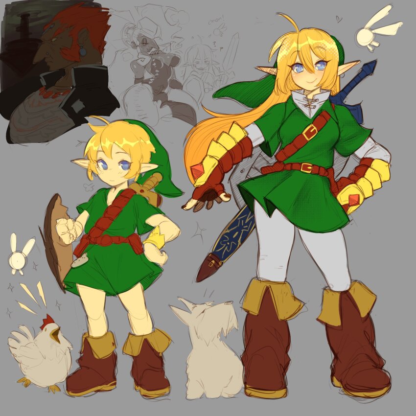 2boys 3girls ? alternate_costume alternate_hair_length alternate_hairstyle blonde_hair blue_eyes bodysuit breasts brown_footwear cleavage commentary cucco dog dual_persona english_text fairy fairy_wings ganondorf gauntlets genderswap genderswap_(mtf) grey_background hand_on_own_hip heart highres holding holding_shield link long_hair looking_at_another looking_at_viewer looking_to_the_side mochabaebae multiple_boys multiple_girls nail_polish navi nintendo orange_hair pointy_ears sheath shield short_hair smile star_(symbol) sword the_legend_of_zelda the_legend_of_zelda:_ocarina_of_time twinrova weapon wings