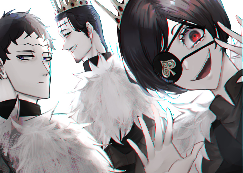 1girl 2boys absurdres black_clover black_hair black_shirt blue_eyes chromatic_aberration constricted_pupils crazy_eyes crown dante_zogratis evil_grin evil_smile expressionless eyepatch facial_hair facial_mark frit_2 fur_collar gem goatee green_eyes grin hair_behind_ear hair_slicked_back hands_up high_collar highres insignia long_bangs looking_at_viewer multiple_boys mustache open_hands open_mouth parted_bangs red_eyes red_gemstone shirt short_hair siblings sideburns sideways_glance sideways_mouth smile spade_(shape) tiara vanica_zogratis vest white_background wide-eyed