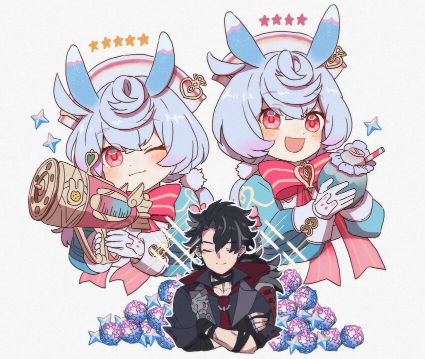 1boy 1girl :d ;3 absurdres animal_ears aoyagi_(ao0701yagi) aqua_shirt bandaged_arm bandaged_neck bandages black_gloves black_hair black_shirt blue_hair blush bow bowtie brooch buttons closed_eyes closed_mouth coat coat_on_shoulders collared_shirt commentary_request crossed_arms crossed_bangs cup drinking_straw ear_piercing earrings fingerless_gloves fur-trimmed_coat fur_trim genshin_impact gloves gradient_hair grey_hair grey_vest gun hair_between_eyes hair_ornament handgun hands_up hat highres holding holding_cup holding_gun holding_weapon intertwined_fate jewelry lapels long_hair long_sleeves looking_at_viewer low_twintails milkshake multicolored_hair multiple_views necktie nurse_cap one_eye_closed open_mouth parted_bangs piercing pink_bow pom_pom_(clothes) pom_pom_hair_ornament primogem puffy_long_sleeves puffy_sleeves purple_hair red_bow red_bowtie red_eyes red_necktie scar scar_on_arm scar_on_face scar_on_neck shirt short_hair short_sleeves sidelocks sigewinne_(genshin_impact) simple_background smile sparkle star_(symbol) streaked_hair stud_earrings twintails u_u upper_body vest weapon white_background white_gloves white_hat wriothesley_(genshin_impact)