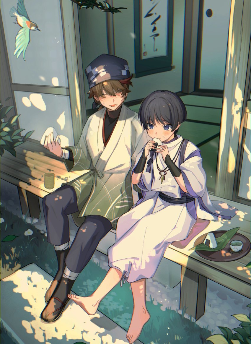 2boys barefoot bird black_headscarf blush choko_(cup) closed_eyes commentary_request cup eating food food_on_face genshin_impact hanging_scroll headscarf highres japanese_clothes multicolored_hair multiple_boys nakura_hakuto onigiri open_mouth purple_eyes purple_hair sandals scaramouche_(genshin_impact) scaramouche_(kabukimono)_(genshin_impact) scroll shouji sitting sliding_doors streaked_hair tatami teacup tray veranda wide_sleeves yunomi zouri