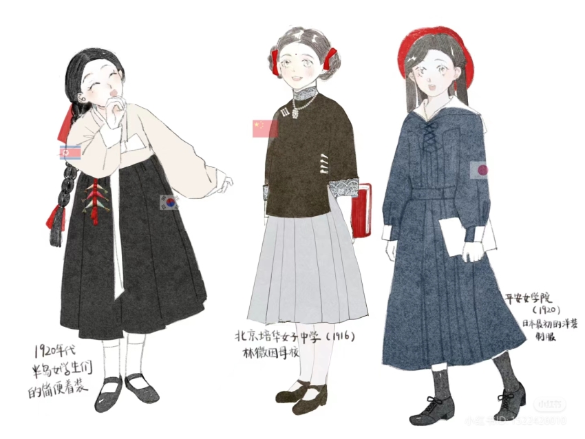 1920s_(style) 3girls bad_source black_hair blue_dress book chabuduo_de_le chinese_text double_bun dress facial_mark forehead_mark full_body grey_hair grey_skirt hair_bun hanbok holding holding_book huadian japanese_flag jewelry korean_clothes long_hair mary_janes multiple_girls necklace north_korean_flag original people&#039;s_republic_of_china_flag republic_of_china_school_uniform school_uniform shoes skirt south_korean_flag translation_request white_background