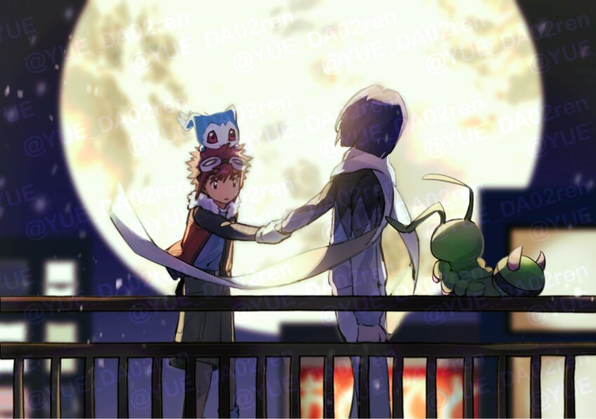 2boys blue_hair blurry blurry_background brown_hair brown_jacket chibimon digimon digimon_(creature) digimon_adventure_02 full_body full_moon highres holding_hands ichijouji_ken jacket male_focus moon multiple_boys night scarf shorts watermark white_scarf wormmon yue_da02ren