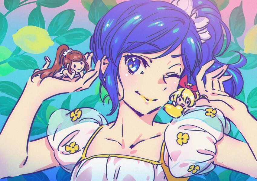 3girls :d aikatsu! aikatsu!_(series) blue_eyes bow bow_hairband brown_hair dress hair_bow hair_ornament hair_scrunchie hairband hands_up hoshimiya_ichigo kayo kiriya_aoi long_hair looking_at_viewer mini_person minigirl multiple_girls one_eye_closed open_mouth ponytail puffy_short_sleeves puffy_sleeves red_bow red_hairband scrunchie see-through_clothes see-through_sleeves shibuki_ran short_sleeves side_ponytail smile teeth upper_body upper_teeth_only white_dress white_scrunchie yellow_lips