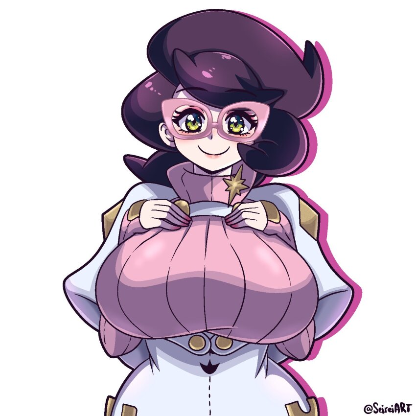1girl artist_name big_hair breasts capelet green_eyes hands_on_own_chest high-waist_skirt highres large_breasts long_sleeves mature_female medium_skirt nintendo pencil_skirt pink-framed_eyewear pink_sweater pokemon pokemon_sm purple_hair ribbed_sweater seireiart short_hair skirt smile solo sweater sweater_guard turtleneck turtleneck_sweater upper_body white_capelet white_skirt wicke_(pokemon)