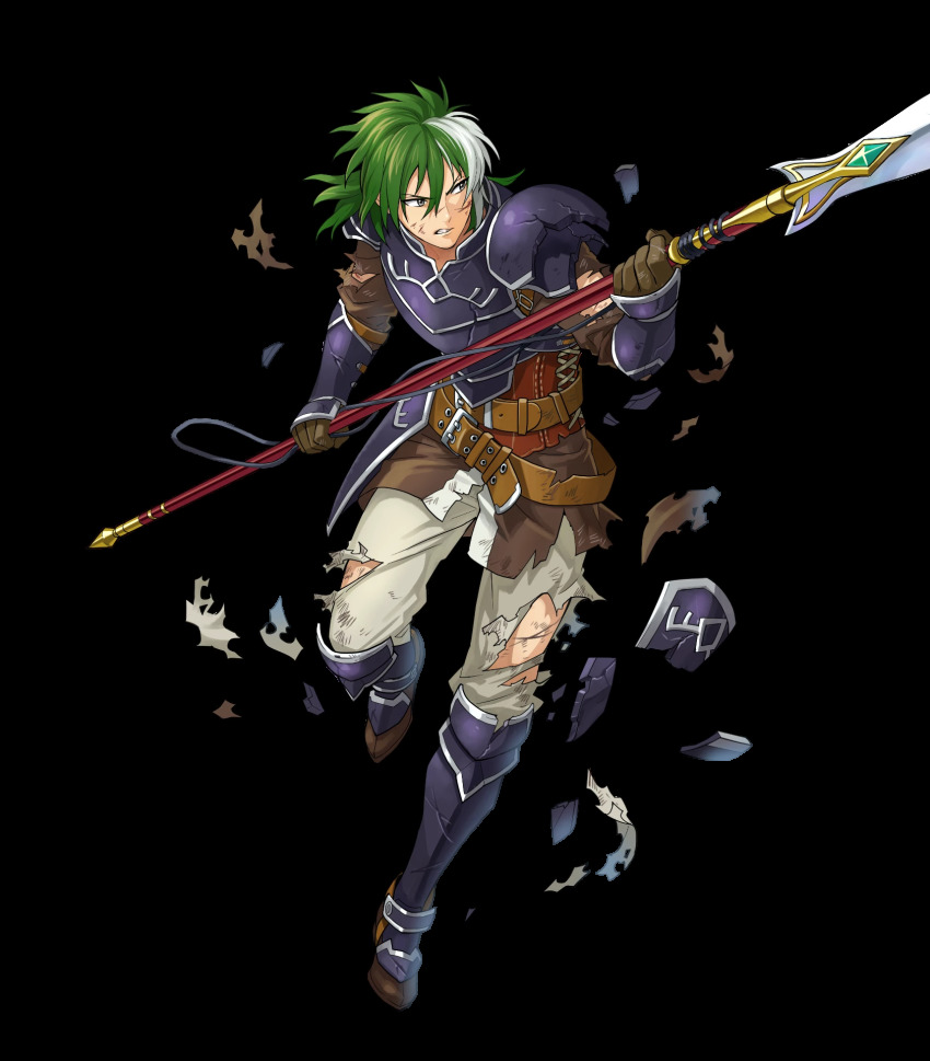 1boy armor belt boots fire_emblem fire_emblem:_the_blazing_blade fire_emblem_heroes full_body gloves green_eyes green_hair heath_(fire_emblem) highres injury long_hair male_focus multicolored_hair nintendo official_art polearm solo spear teeth torn_clothes transparent_background two-tone_hair weapon white_hair