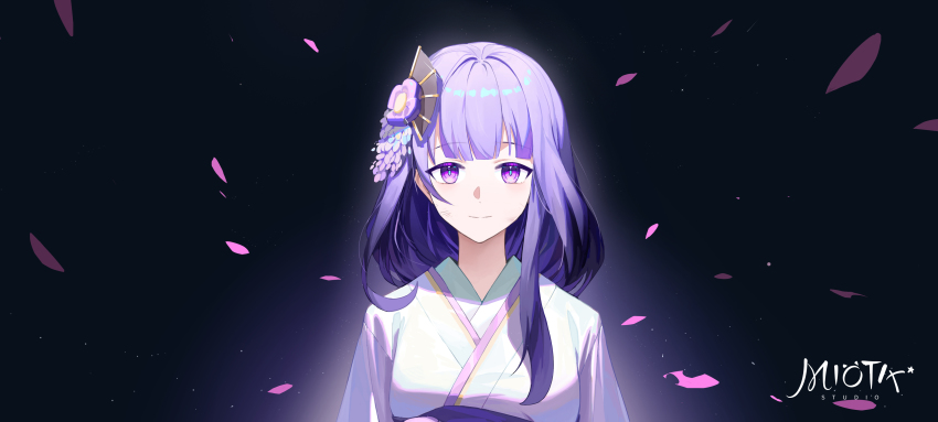1girl absurdres artist_logo black_background blunt_bangs blush chinese_commentary closed_mouth commentary_request darkcatowo falling_petals genshin_impact hair_ornament highres japanese_clothes kimono logo long_hair looking_at_viewer makoto_(genshin_impact) petals purple_eyes purple_hair purple_kimono sidelocks smile solo upper_body