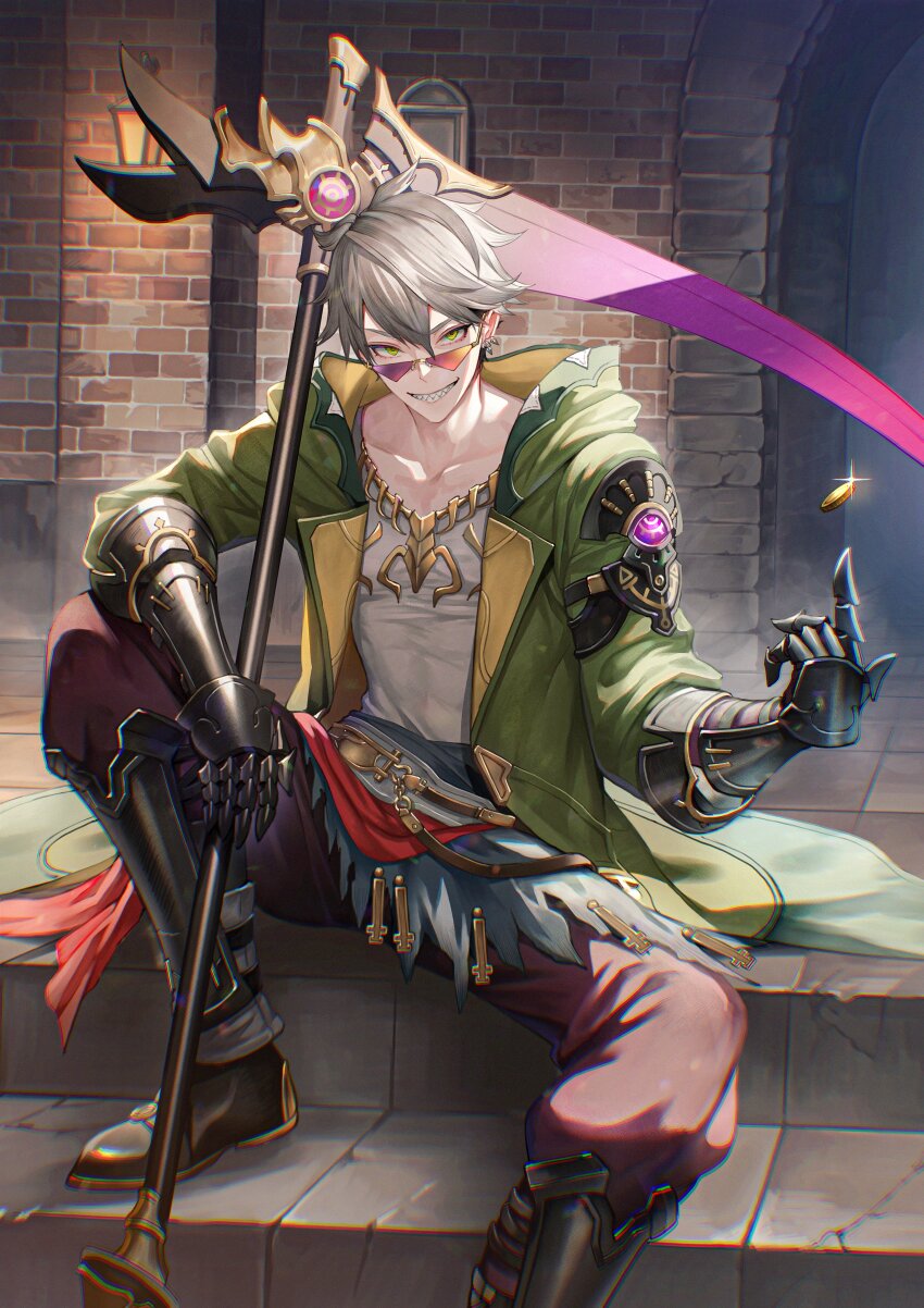 1boy absurdres armored_boots armored_gloves atelier_(series) atelier_yumia boots clenched_teeth coin coin_flip commentary_request dungeon green_eyes green_hoodie grey_hair highres holding holding_scythe hood hoodie indoors lantern looking_at_viewer pants pink-tinted_eyewear red_pants rutger_arendt scythe senano-yu sharp_teeth shirt short_hair sitting smile teeth tinted_eyewear triangle_glasses white_shirt