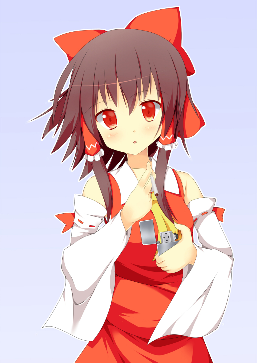1girl ascot blush bow breasts brown_hair cigarette collared_shirt commentary_request cookie_(touhou) cowboy_shot detached_sleeves frilled_hair_tubes frills hair_bow hair_tubes hakurei_reimu highres holding holding_cigarette lighter lighting_cigarette long_hair looking_at_viewer medium_breasts open_mouth red_bow red_eyes red_skirt reu_(cookie) ribbon-trimmed_sleeves ribbon_trim shirt sidelocks simple_background skirt skirt_set sleeveless sleeveless_shirt solo szk touhou white_background white_sleeves yellow_ascot