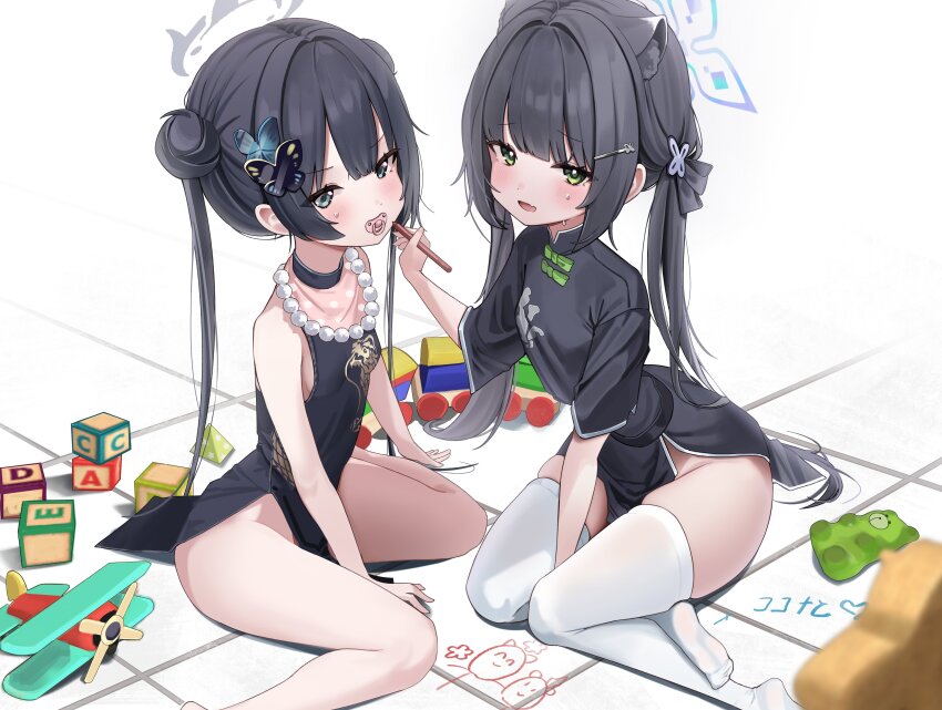 2girls absurdres animal_ears arm_support ass bib black_dress black_hair blue_archive blunt_bangs butterfly_hair_ornament china_dress chinese_clothes commentary_request double_bun dress green_eyes grey_eyes groin hair_between_eyes hair_bun hair_ornament halo highres kisaki_(blue_archive) leaning_forward long_hair looking_at_viewer multiple_girls pacifier pelvic_curtain riko_(rik0ring) short_sleeves shun_(blue_archive) shun_(small)_(blue_archive) side_slit sidelocks simple_background sitting sleeveless stuffed_animal stuffed_toy teddy_bear thighhighs tiger_ears tiger_girl toy toy_airplane translation_request twintails wariza white_background white_thighhighs