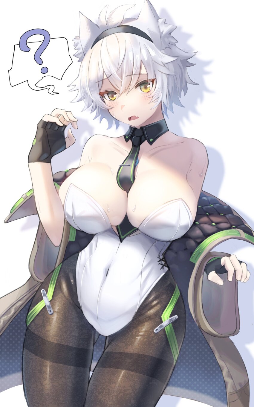 absurdres animal_ears breasts cat_ears cat_girl detached_collar highres large_breasts leotard medaman na&#039;el_(xenoblade) solo speech_bubble xenoblade_chronicles_(series) xenoblade_chronicles_3 xenoblade_chronicles_3:_future_redeemed