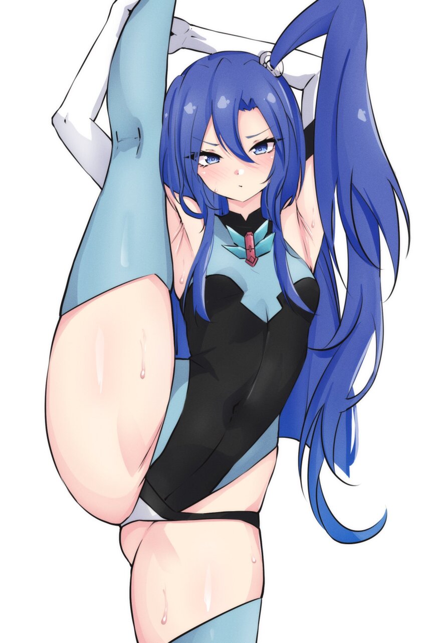 1girl absurdres armpits black_leotard blue_eyes blue_hair blue_leotard blush bodysuit breasts covered_navel double-parted_bangs gloves hair_between_eyes hair_ornament highres kazanari_tsubasa kneepits latte_(latte_daruta2) leg_up leotard long_hair looking_at_viewer multicolored_leotard narrow_waist one_side_up pout senki_zesshou_symphogear sidelocks small_breasts solo standing standing_on_one_leg sweat sweatdrop symphogear_pendant thighhighs undersuit very_long_hair