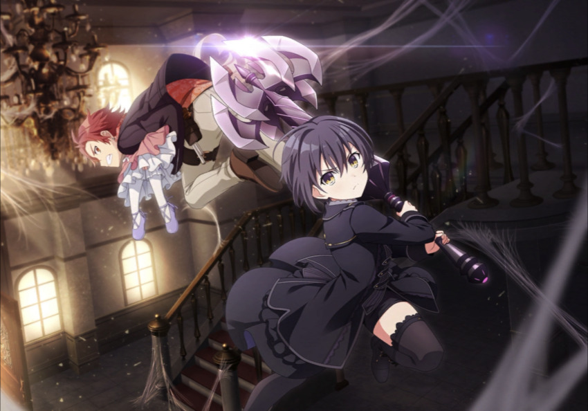 1boy 2girls black_coat black_footwear black_hair black_jacket black_shorts black_thighhighs boots breasts brown_footwear carrying character_request chloe_tang club_(weapon) coat emilio_romero_alvarez engage_kill engage_kiss formal_clothes game_cg hair_between_eyes highres holding holding_club holding_weapon holster indoors jacket light_blush long_sleeves looking_at_viewer looking_back medium_breasts multiple_girls non-web_source official_art pants red_eyes red_hair red_shirt shirt short_hair shorts solo_focus thigh_holster thighhighs weapon white_pants yellow_eyes zettai_ryouiki