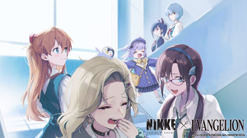 6+girls ayanami_rei beret black_choker black_hair blonde_hair blue_eyes blue_hair blue_hairband child choker closed_eyes closed_mouth collared_shirt commentary cropped crossover day dress ein_(nikke) english_commentary glasses goddess_of_victory:_nikke green_eyes green_necktie hair_ornament hairband hairpin hat highres indoors looking_at_another looking_at_viewer makinami_mari_illustrious medium_hair multiple_girls multiple_hairpins necktie neon_genesis_evangelion official_art open_mouth pink-framed_eyewear purple_dress purple_hair purple_hat purple_nails rebuild_of_evangelion red_eyes rei_(nikke) running sailor_collar school_uniform shirt short_sleeves smile socks souryuu_asuka_langley stairs walking white_sailor_collar white_shirt white_socks yawning zwei_(nikke)