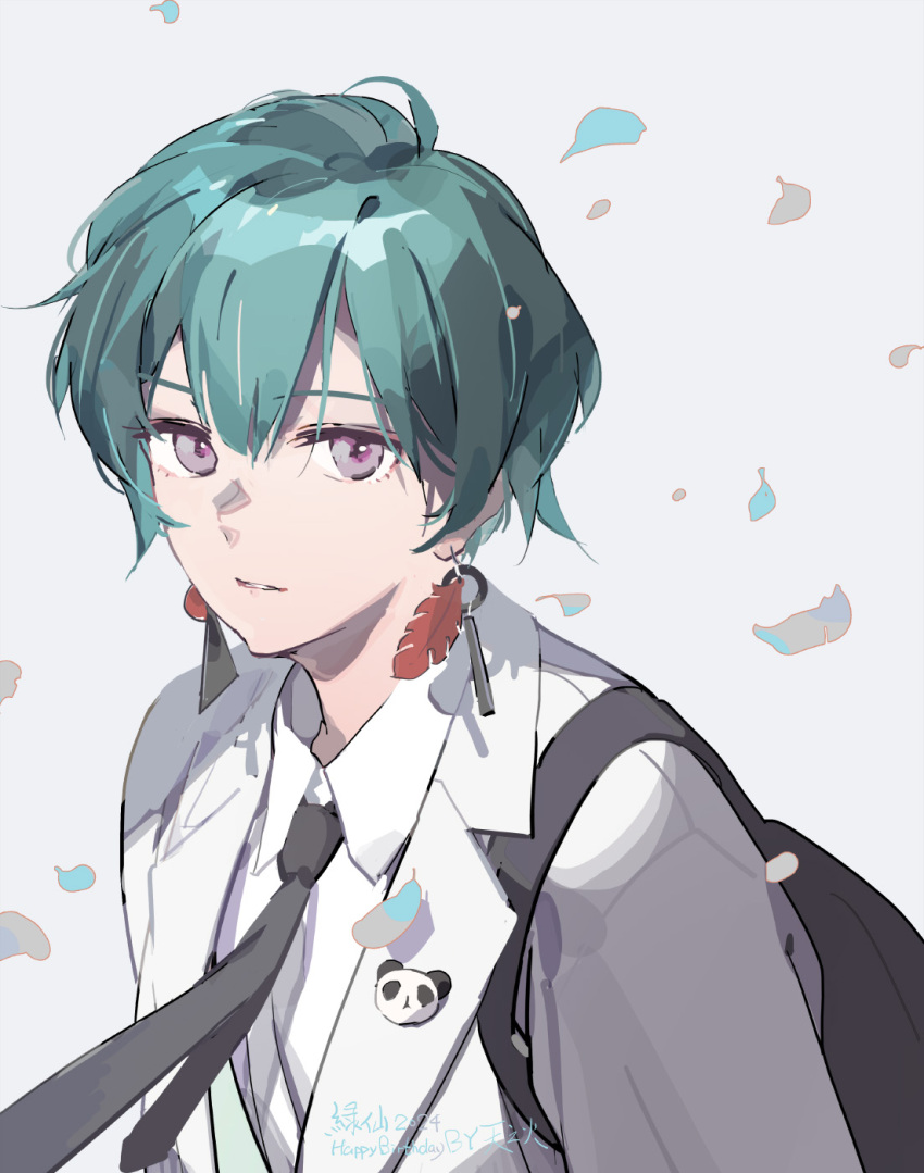 1other 2024 androgynous artist_name black_bag black_necktie character_name collared_shirt commentary earrings gender_request green_hair grey_background grey_eyes happy_birthday highres jacket jewelry looking_at_viewer looking_to_the_side necktie nijisanji ryuushen shirt short_hair simple_background solo tennohi upper_body virtual_youtuber white_jacket white_shirt