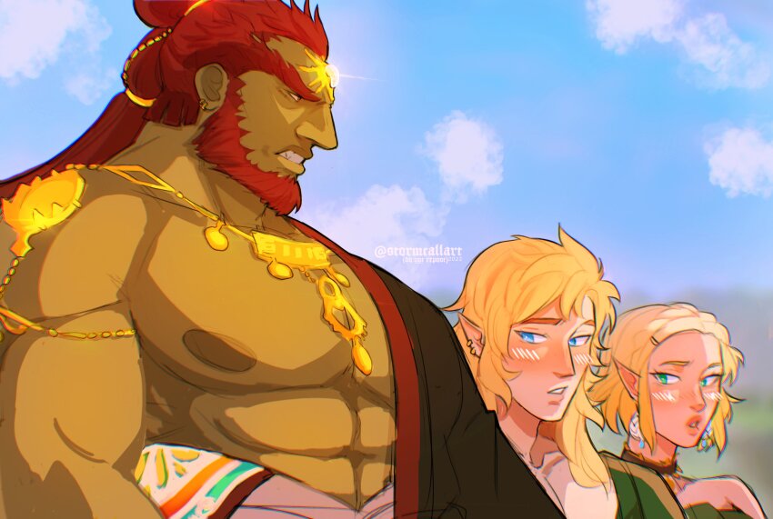 1girl 2boys abs bara bare_pectorals blush breast_envy colored_skin from_side ganondorf girl_staring_at_guy&#039;s_chest_(meme) green_skin hadanugi_dousa highres huge_eyebrows japanese_clothes kimono large_areolae large_pectorals link looking_at_another looking_at_pectorals male_focus mature_male meme multiple_boys muscle_envy muscular muscular_male nintendo nipples open_clothes open_kimono pectorals princess_zelda sanpaku stormcallart the_legend_of_zelda the_legend_of_zelda:_tears_of_the_kingdom yaoi