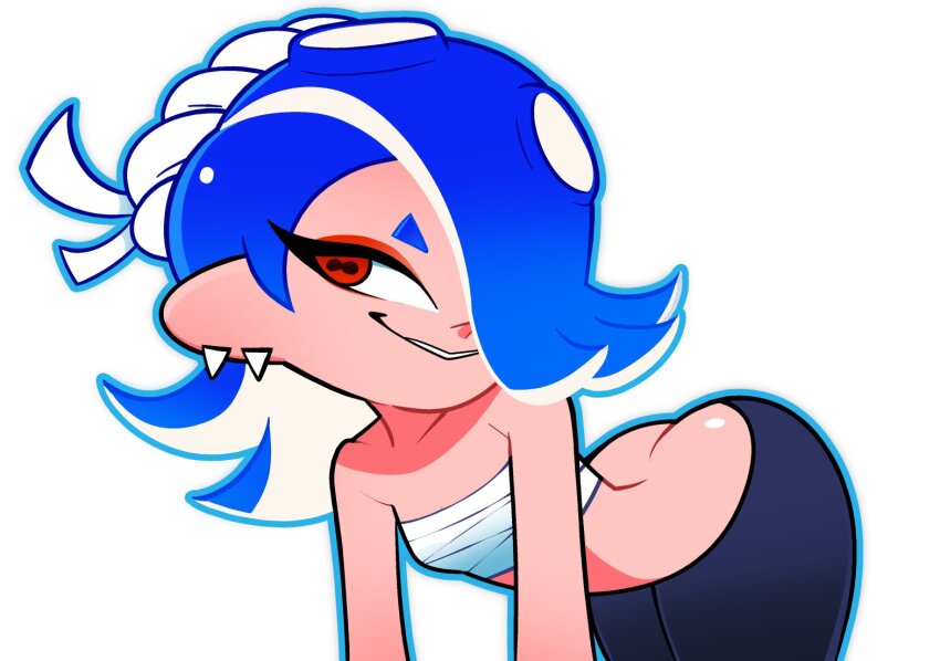 1girl ass blue_hair butt_crack chest_sarashi ear_piercing grin hair_over_one_eye leaning_forward nintendo octoling piercing red_eyes sarashi scott_falco shiver_(splatoon) smile solo splatoon_(series) splatoon_3 tentacle_hair white_hair