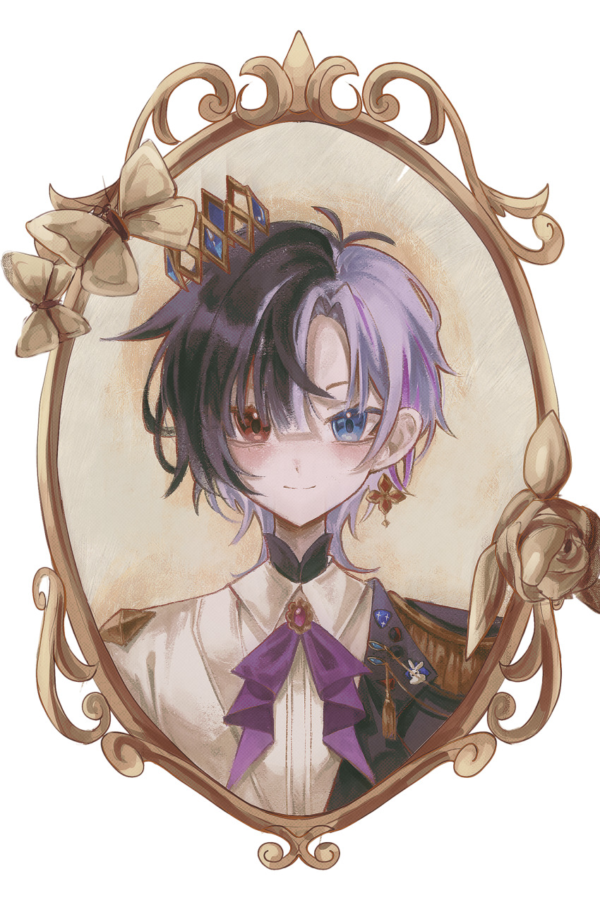 1girl absurdres ascot black_hair black_shirt blue_eyes butterfly_ornament collared_shirt commission commissioner_upload crown earrings epaulettes floating_earrings hair_between_eyes heterochromia highres chromashift jewelry keroshoku looking_at_mirror mini_crown mirror multicolored_hair portrait purple_ascot purple_brooch purple_hair rabbit_pin red_eyes reflection rin_penrose shirt short_hair single_earring single_epaulette smile solo split-color_hair streaked_hair tassel transparent_background two-tone_shirt virtual_youtuber white_hair white_shirt