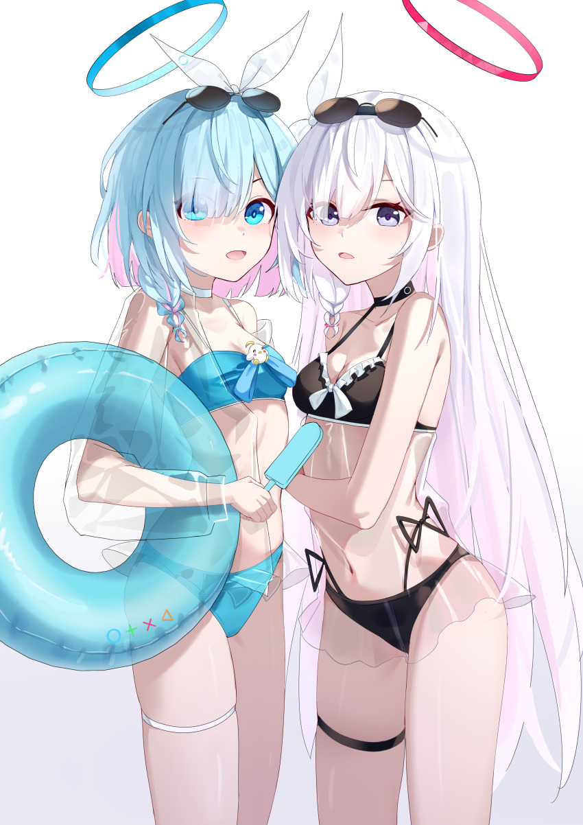 2girls absurdres alternate_costume arona_(blue_archive) bikini black_bikini black_choker black_hairband blue_archive blue_bikini blue_eyes blush braid choker colored_inner_hair commentary_request eyes_visible_through_hair eyewear_on_head food grey_hair hair_over_one_eye hair_ribbon hairband highres holding holding_food holding_popsicle holding_swim_ring innertube long_hair lu_lu_mao multicolored_hair multiple_girls navel open_mouth pink_hair plana_(blue_archive) popsicle ribbon short_hair sidelocks single_braid sunglasses swim_ring swimsuit thigh_strap two_side_up white_choker white_hairband white_ribbon