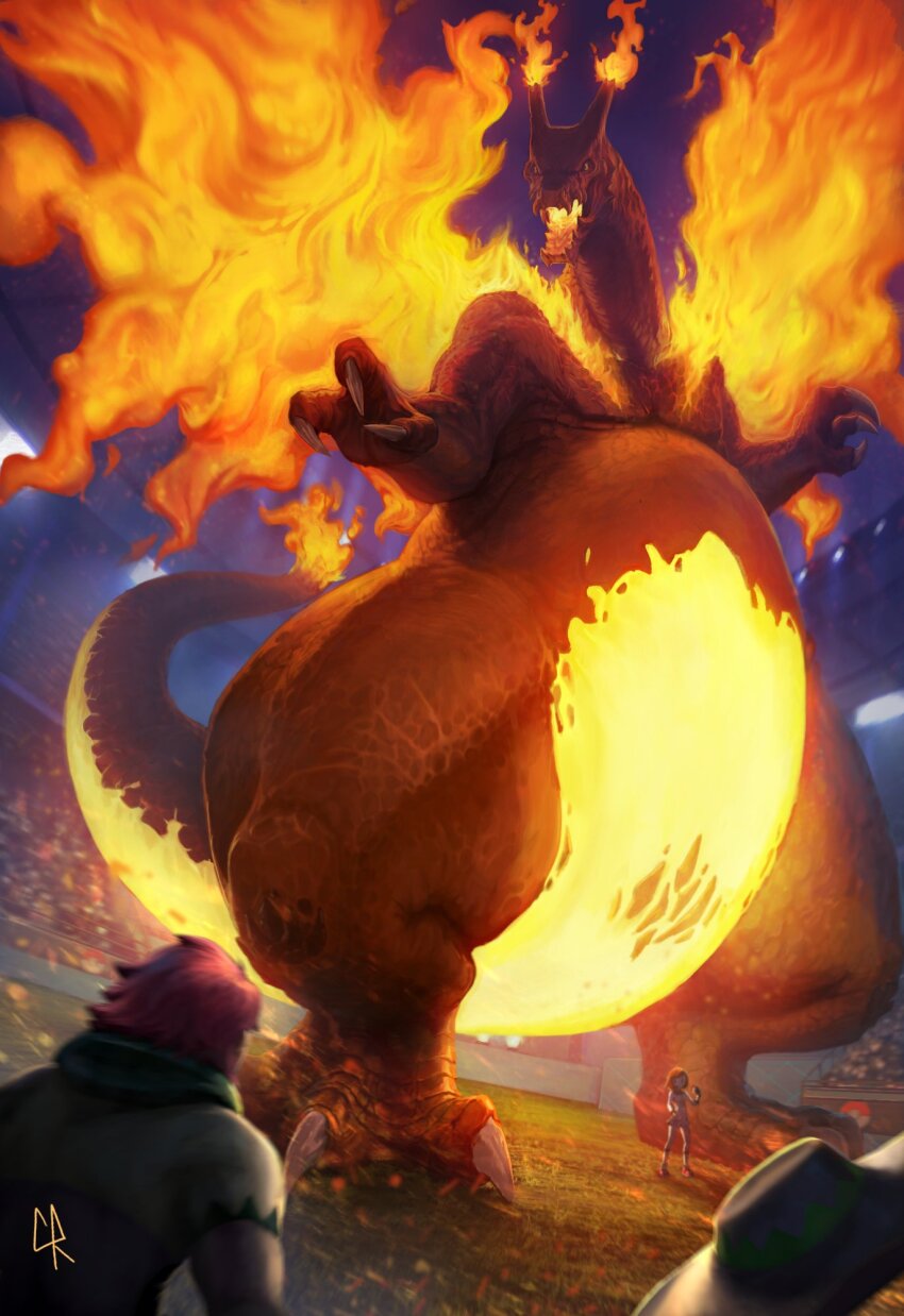 1boy 1girl back breath_weapon breathing_fire brown_hair charizard chipyray claws crowd dragon dragon_horns dragon_tail dutch_angle fiery_tail fiery_wings fire gen_1_pokemon giant gigantamax gigantamax_charizard gloria_(pokemon) glowing green_scarf hat highres horns milo_(pokemon) monster monster_focus night nintendo open_mouth pink_hair pokemon pokemon_(creature) pokemon_swsh scarf sharp_teeth short_sleeves signature stadium tail teeth wings