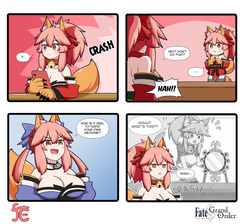 ... 3girls 4koma :3 animal_ear_fluff animal_ears animal_hands bare_shoulders bell blue_bow blue_kimono blue_ribbon blush bow breasts cat_paws cleavage collar collarbone comic commentary detached_sleeves english_commentary english_text fangs fate/grand_order fate_(series) fox_ears fox_girl fox_tail gloves highres japanese_clothes jingle_bell keita_naruzawa kimono large_breasts mini_person minigirl multiple_girls multiple_persona neck_bell open_mouth paw_gloves pink_hair ponytail red_kimono red_ribbon ribbon speech_bubble split_ponytail square_4koma tail tamamo_(fate) tamamo_cat_(fate) tamamo_cat_(first_ascension)_(fate) tamamo_no_mae_(fate) yellow_eyes