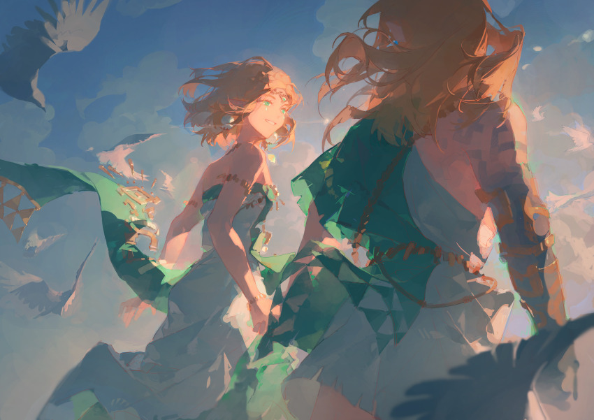1boy 1girl absurdres archaic_set_(zelda) armlet bare_shoulders belt bird blonde_hair blurry bracelet braid circlet cloud crown_braid depth_of_field dress earrings feisekong286 from_behind green_dress highres holding_hands jewelry link long_hair looking_at_another nintendo outdoors parted_lips pointy_ears princess_zelda prosthesis prosthetic_arm short_hair shoulder_belt side-by-side single_bare_shoulder sky sleeveless sleeveless_dress smile teardrop_facial_mark the_legend_of_zelda the_legend_of_zelda:_tears_of_the_kingdom toga two-tone_dress white_bird white_dress