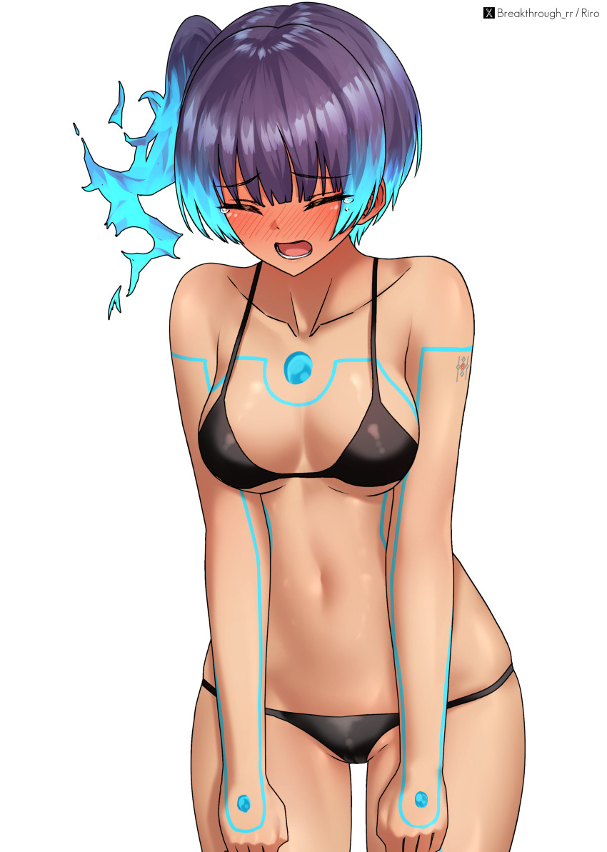 1girl absurdres alternate_costume artist_name bare_shoulders bikini black_bikini blue_hair blunt_bangs blush body_markings breasts chest_jewel cleavage closed_eyes collarbone commentary completion_time cowboy_shot fiery_hair full-face_blush glowing_lines glowing_markings gradient_hair groin highres lower_teeth_only medium_breasts multicolored_hair navel no_shirt open_mouth riro_(breakthrough_rr) sena_(xenoblade) side_ponytail sidelocks simple_background solo standing stomach swimsuit tearing_up teeth twitter_username two-tone_hair white_background xenoblade_chronicles_(series) xenoblade_chronicles_3