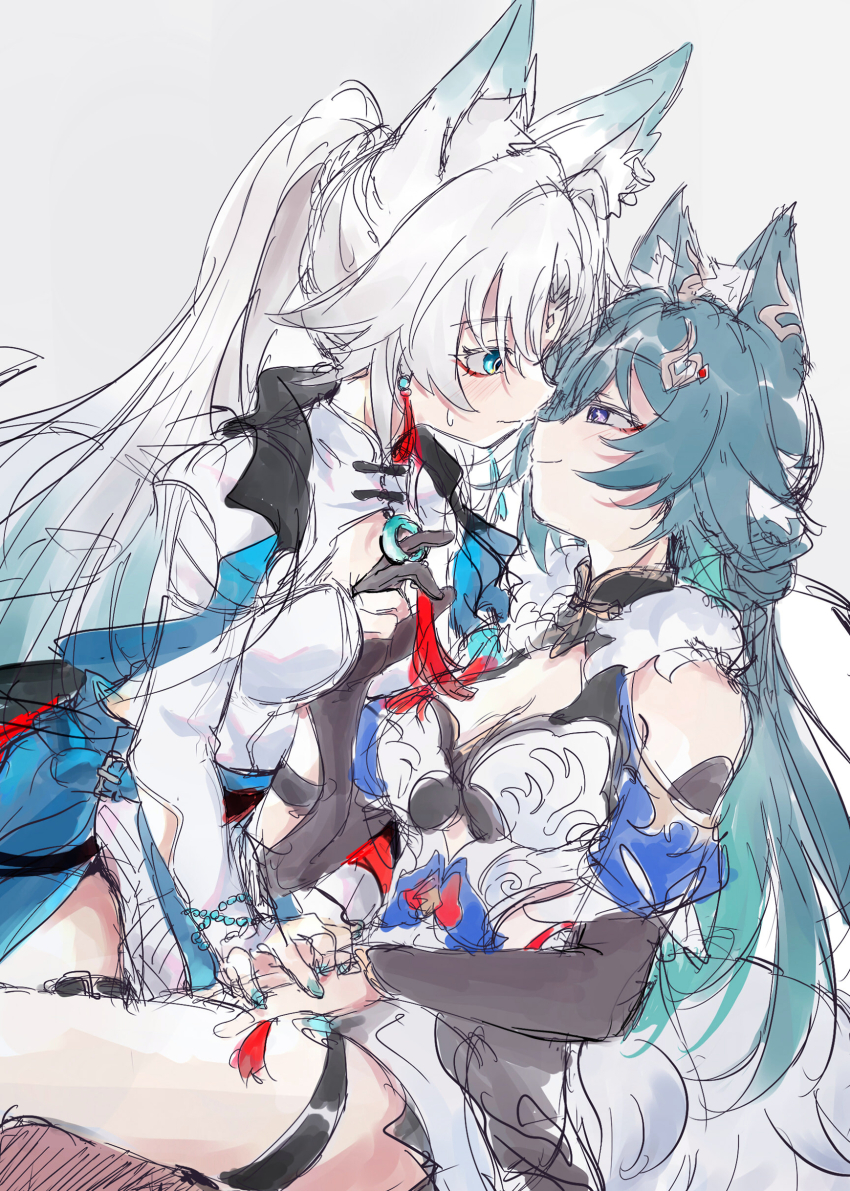2girls absurdres animal_ears breasts feixiao_(honkai:_star_rail) fud green_hair highres honkai:_star_rail honkai_(series) long_hair medium_breasts multiple_girls simple_background very_long_hair white_background white_hair yukong_(honkai:_star_rail) yuri