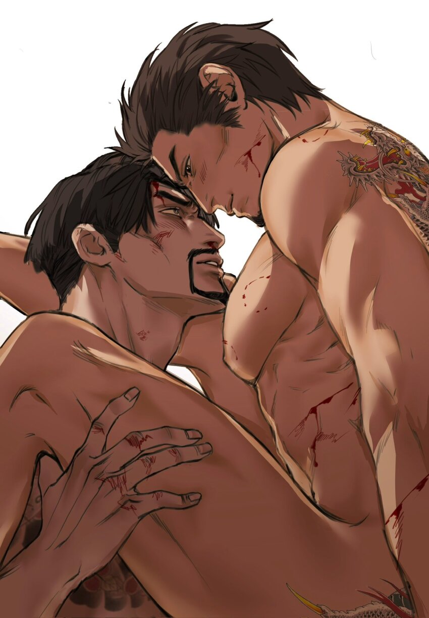 2boys anal bara black_hair blood_on_cheek blush completely_nude couple cowboy_shot eye_contact eyepatch facial_hair from_side goatee happy_sex hickey highres irezumi kiryu_kazuma large_pectorals looking_at_another majima_goro male_focus mature_male medium_sideburns multiple_boys muscular muscular_male nipples nude pectorals profile rough_sex ryuu_ga_gotoku_(series) sex short_hair sotenborinpc suspended_congress tattoo thick_eyebrows tsurime yaoi