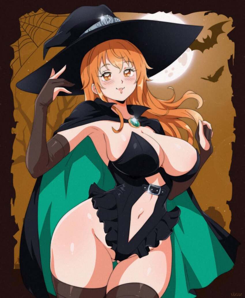 1girl armpits artist_name bat_(animal) belt_buckle black_border black_cape black_hat black_leotard blue_gemstone blush border breasts brown_gloves brown_thighhighs buckle cape cleavage clothing_cutout commentary cowboy_shot elbow_gloves full_moon gem glint gloves gluteal_fold green_cape halloween halloween_costume hands_up hat highleg highleg_leotard highres large_breasts leotard lips long_hair looking_at_viewer midriff_peek moon nami_(one_piece) narrow_waist navel navel_cutout one_piece orange_eyes orange_hair outside_border parted_lips partially_fingerless_gloves pink_lips sidelocks silk solo spider_web stomach_cutout strapless strapless_leotard thigh_gap thighhighs two-sided_cape two-sided_fabric vizaz wavy_hair wide_hips witch witch_hat