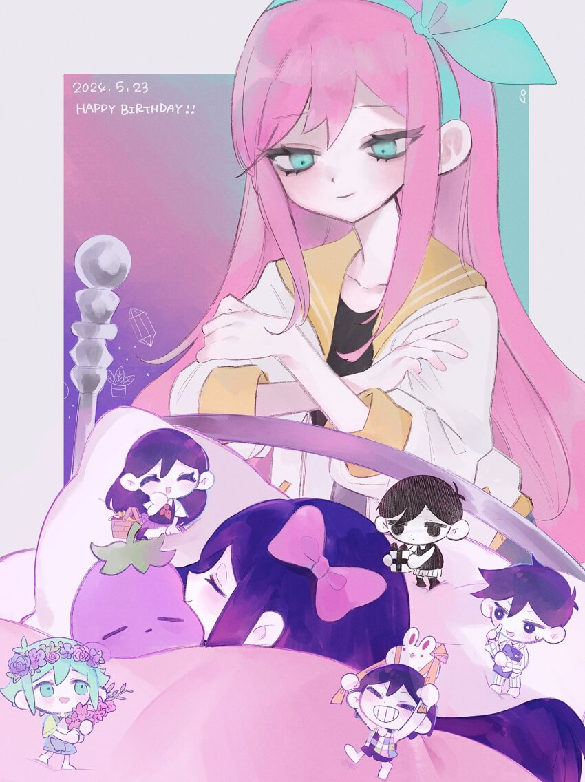 2024 3girls 4boys :d ^_^ aegyo_sal animal animal_on_head antenna_hair aqua_background aqua_eyes aqua_hairband aubrey_(faraway)_(omori) aubrey_(headspace)_(omori) aubrey_(omori) bare_arms bare_shoulders basil_(headspace)_(omori) basil_(omori) basket black_eyes black_hair black_shirt black_tank_top blue_flower blue_rose blush border bow_hairband bright_pupils brother_and_sister brothers checkered_clothes chibi chibi_inset closed_eyes closed_mouth collarbone colored_skin commentary_request crossed_arms dated dot_nose double-parted_bangs dual_persona empty_eyes expressionless flower flower_wreath forest_bunny_(omori) gift gladiolus green_eyes green_hair grey_border grin hair_behind_ear hair_between_eyes hair_spread_out hairband hand_on_own_cheek hand_on_own_face happy_birthday head_on_pillow head_wreath hero_(headspace)_(omori) hero_(omori) highres holding holding_flower holding_gift holding_stuffed_toy jacket jitome kel_(headspace)_(omori) kel_(omori) long_hair mari_(headspace)_(omori) mari_(omori) mary_janes mr._plantegg_(omori) multiple_boys multiple_girls no_pupils omori omori_(omori) on_head open_clothes open_jacket open_mouth p0tatotat pale_skin picnic_basket pillow pink_background pink_flower pink_hair pink_rose purple_background purple_eyes purple_hair purple_shoes rabbit rose sailor_collar shirt shoes short_hair siblings simple_background sitting smile stuffed_eggplant stuffed_toy sweatdrop tank_top three-quarter_sleeves u_u under_covers upper_body v-shaped_eyebrows very_long_hair white_jacket white_pupils white_rabbit_(animal) white_skin yellow_sailor_collar