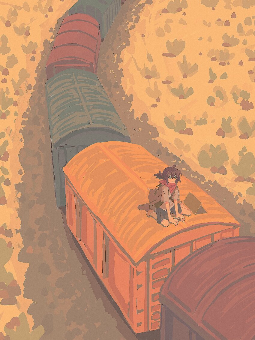 1other ambiguous_gender blue_eyes blue_shorts brown_hair brown_shoes closed_mouth cyberseaurchin grey_shirt highres kneeling neckerchief on_train orange_theme original other_focus plant ponytail red_neckerchief road shirt shoes shorts solo t-shirt train