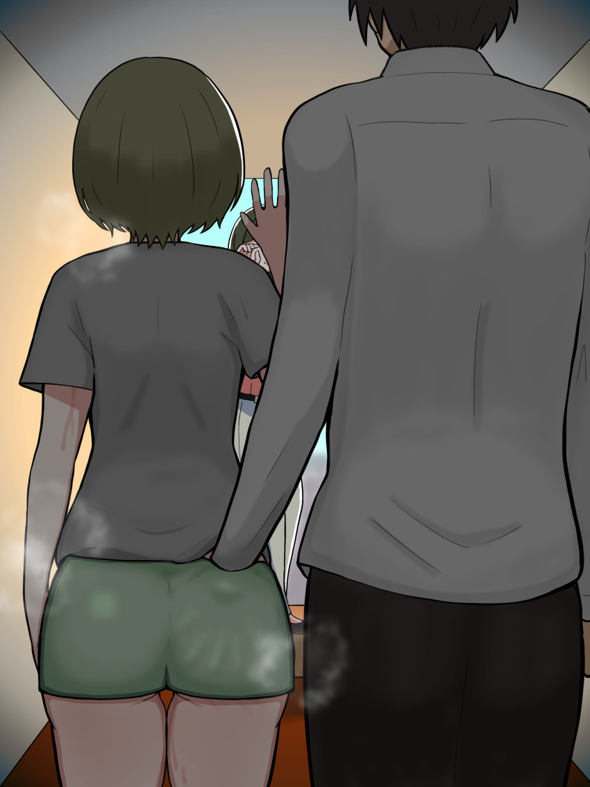 1boy 2girls cheating_(relationship) from_behind grabbing_another&#039;s_ass green_hair groping hand_in_another&#039;s_clothes hetero highres hondy_(user_gcxa2842) idolmaster idolmaster_shiny_colors multiple_girls nanakusa_hazuki nanakusa_nichika netorare pervert reverse_netorare siblings sisters steam steaming_body sweatdrop