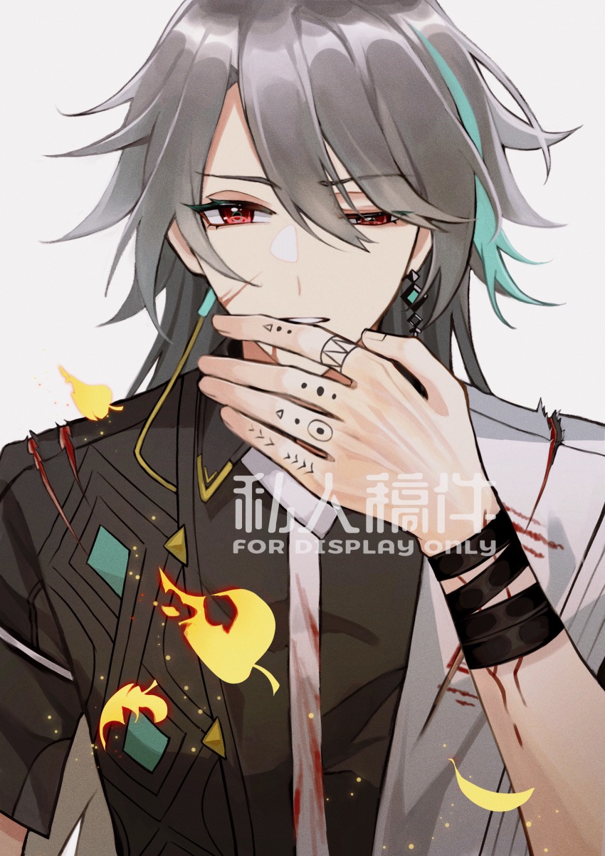 1boy absurdres aqua_hair bandaged_wrist bandages black_bandages black_shirt blood blood_on_clothes burnt covering_own_mouth cracked_skin cuts earrings falling_leaves finger_tattoo grey_hair grimace hair_between_eyes highres honkai_(series) honkai_impact_3rd injury jewelry leaf light_particles long_hair looking_at_viewer male_focus mismatched_earrings multicolored_hair napppptt necktie parted_lips red_eyes sash shirt short_sleeves shoulder_sash simple_background solo straight-on streaked_hair su_(honkai_impact) tattoo uneven_eyes upper_body white_background white_necktie white_sash