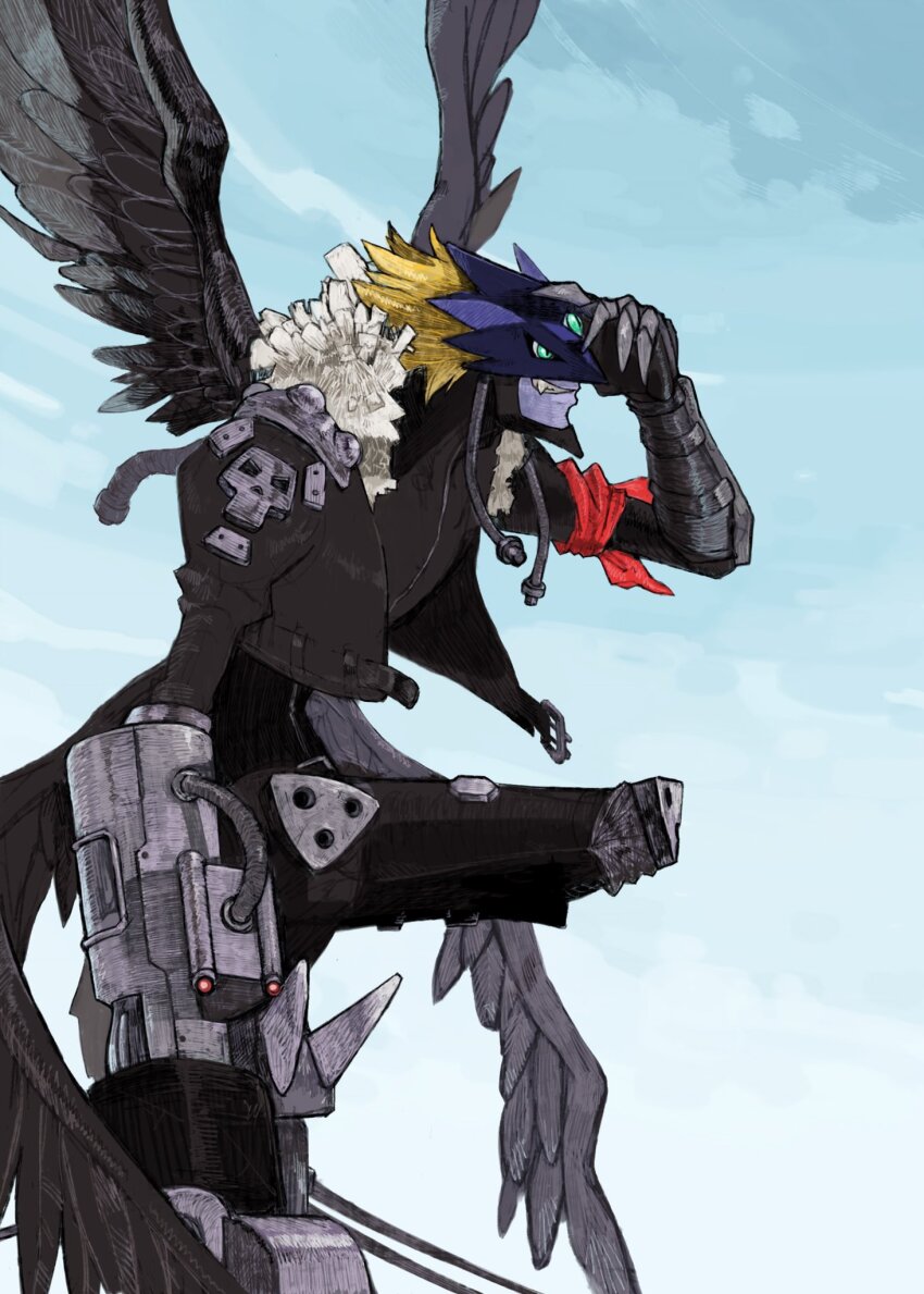 1boy analog_boy02 arm_cannon bandana bandana_around_arm beelzebumon beelzebumon_blast_mode black_feathers black_jacket black_pants black_shirt black_wings blonde_hair blue_sky colored_skin cropped_jacket demon_boy digimon digimon_(creature) eye_mask fang feathered_wings feathers from_side fur-trimmed_jacket fur_trim green_eyes grey_skin highres jacket low_wings male_focus multiple_wings on_top_of_pole open_clothes open_jacket pants profile red_bandana shirt short_hair sky smirk solo third_eye weapon wings