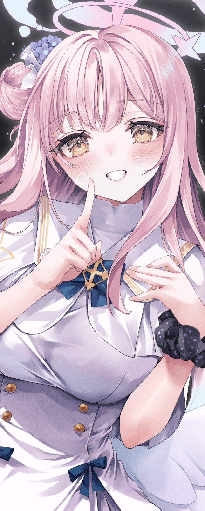 1girl absurdres angel_wings blue_archive blush breasts capelet dress grin halo highres hime_gyo long_hair looking_at_viewer medium_breasts mika_(blue_archive) pink_hair pink_halo smile solo upper_body white_capelet white_dress white_wings wings yellow_eyes