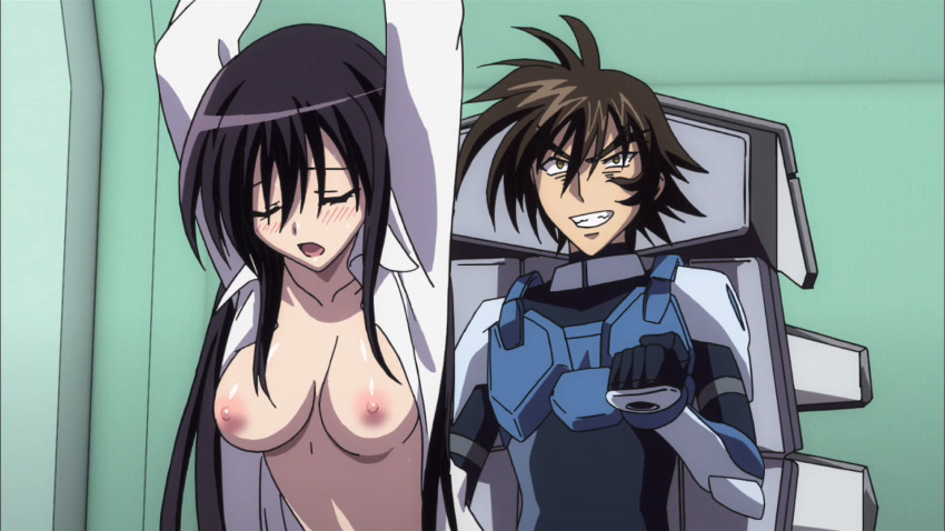 bdsm blush bondage bound breasts breasts_out embarrassed highres kenzen_robo_daimidaler lab_coat madanbashi_kouichi nipples pervert sonan_kyouko tagme