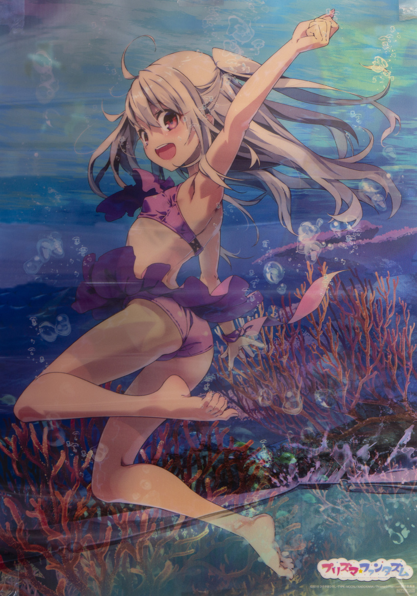 1girl :d absurdres ahoge bikini color_issue copyright_name coral fate/kaleid_liner_prisma_illya fate_(series) from_side highres hiroyama_hiroshi illyasviel_von_einzbern long_hair not_for_sale official_art open_mouth purple_bikini red_eyes scan smile swimsuit white_hair