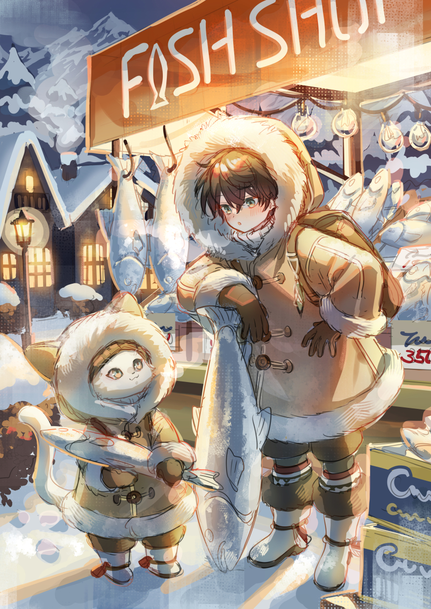 1boy 1other :o absurdres animal backpack bag blush boots brown_coat brown_gloves brown_hair brown_pants building cat coat commentary fish full_body fur-trimmed_coat fur-trimmed_hood fur-trimmed_sleeves fur_trim gloves green_eyes highres holding holding_animal holding_fish hood hooded_coat male_focus open_mouth original outdoors pants short_hair snow standing suzaku_(zaku6584) white_boots winter winter_clothes