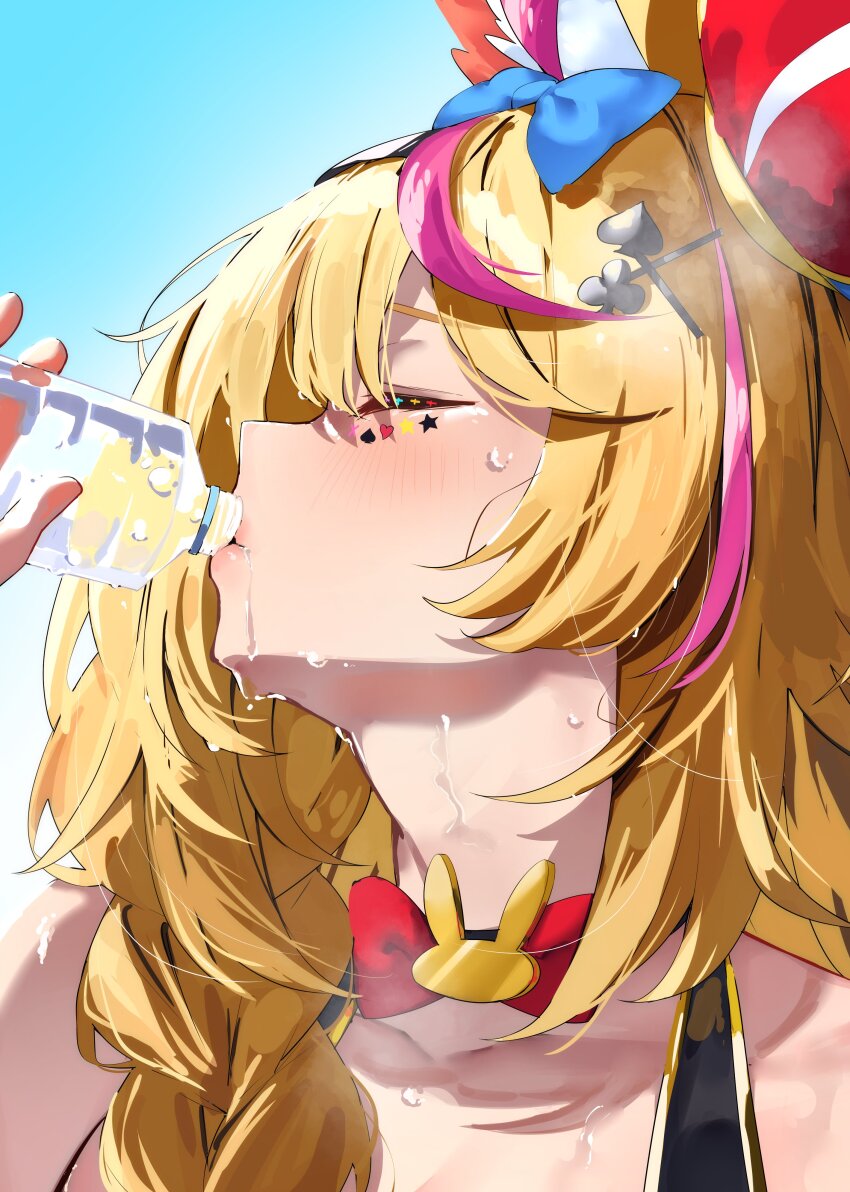 1girl absurdres ahoge animal_ear_fluff animal_ears blonde_hair blue_bow blue_sky blush bottle bow bowtie braid closed_eyes drinking facial_mark facing_to_the_side fox_ears hair_bow hair_over_shoulder hashtag-only_commentary hat heart heart_facial_mark highres holding holding_bottle hololive hot jester_cap long_hair mark_under_eye multicolored_hair omaru_polka omaru_polka_(1st_costume) pink_hair plastic_bottle red_bow red_bowtie red_hat shirt side_braid single_braid sky sleeveless sleeveless_shirt solo spade_(shape) spade_facial_mark star_(symbol) star_facial_mark streaked_hair sweat tilted_headwear traditional_bowtie tsushi upper_body very_sweaty virtual_youtuber water_bottle