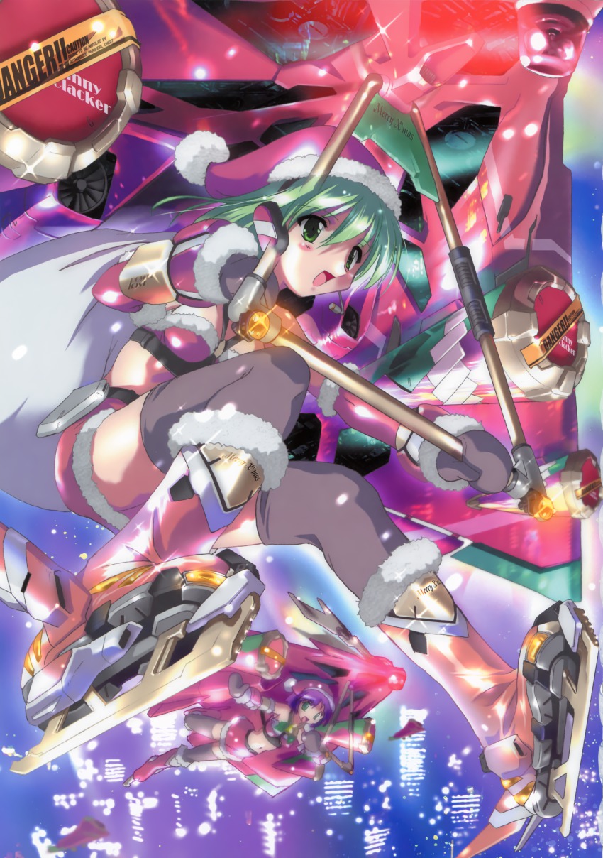 2girls :d absurdres aircraft black_legwear flying glider gloves green_eyes green_hair hang_gliding highres ice_skates komatsu_eiji multiple_girls open_mouth party_popper purple_hair sack santa_costume skates smile thighhighs