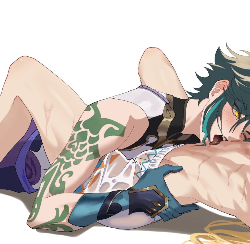 2boys aether_(genshin_impact) aether_(hot_springs)_(genshin_impact) aqua_gloves arm_tattoo didin_ed genshin_impact gloves green_hair highres licking licking_stomach male_swimwear multiple_boys navel official_alternate_costume one_eye_closed shirt shorts stomach tattoo teeth topless_male white_male_swimwear white_shirt white_shorts xiao_(genshin_impact) yaoi yellow_eyes