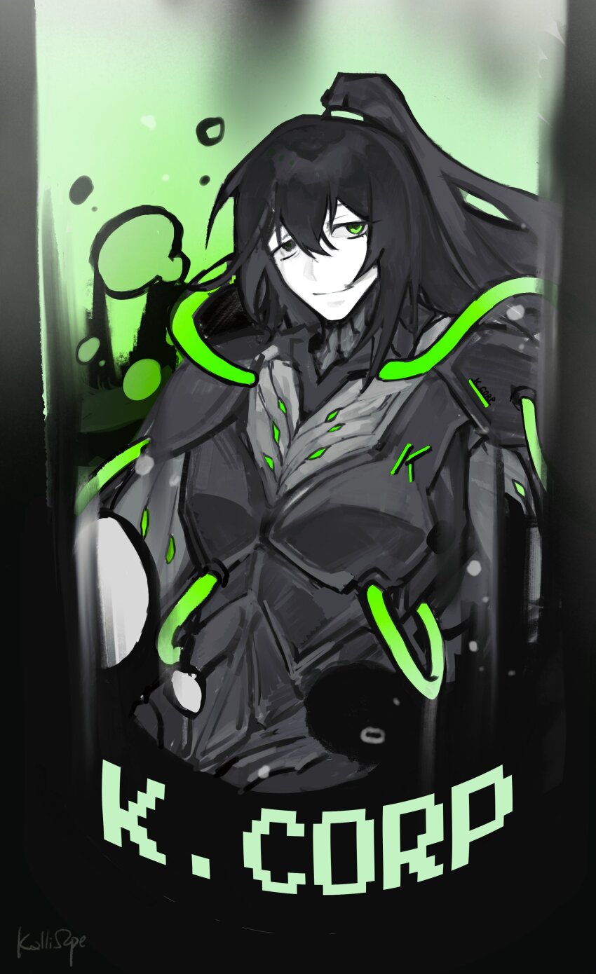 1boy absurdres air_bubble armor black_armor black_eyes black_hair bubble green_eyes half_updo heterochromia highres hong_lu_(project_moon) k_corp._(identity)_(project_moon) kalliope_orc limbus_company long_hair looking_at_viewer project_moon solo stasis_tank upper_body very_long_hair