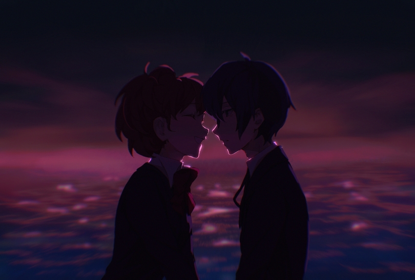 1boy 1girl black_jacket black_ribbon blue_eyes blue_hair blurry blurry_background bow bowtie brown_hair closed_eyes dusk forehead-to-forehead from_side gekkoukan_high_school_uniform hair_between_eyes heads_together jacket looking_at_another mico_(mico808) neck_ribbon ocean open_mouth outdoors parted_lips persona persona_3 persona_3_portable ponytail profile purple_sky purple_theme red_bow red_bowtie ribbon school_uniform shiomi_kotone shirt short_hair sky smile upper_body water white_shirt yuuki_makoto_(persona_3)