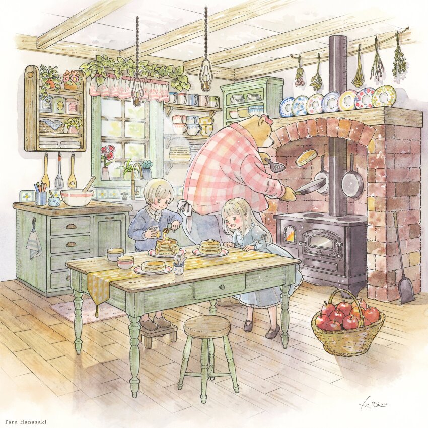 1girl 2boys :d absurdres apple artist_name basket bear beret black_footwear blonde_hair blue_dress blue_pants blue_shirt blush bowl brick_wall brown_footwear buttons carpet chest_of_drawers closed_mouth collared_shirt counter cup cupboard day drawer dress flipping_food flower food fruit furnace furry furry_male hanasaki_taru hanging_light hat highres holding_pan honey honey_dipper indoors juliet_sleeves leaf long_hair long_sleeves mary_janes multiple_boys open_mouth original pancake pancake_stack pants personification pink_headwear pink_shirt plaid_clothes plaid_shirt plant plate potted_plant puffy_sleeves red_flower shirt shoes short_hair sidelocks signature smile spatula standing stool sunlight table towel window wooden_floor